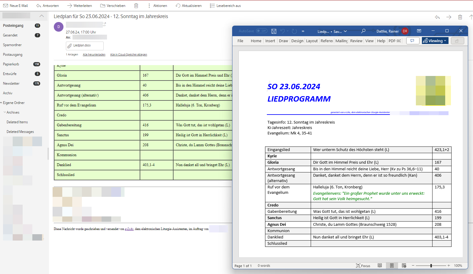 Ansicht einer e-Mail beim Empfänger. Der Liedplan ist sowohl im Nachrichtentext als auch im Anhang enthalten.